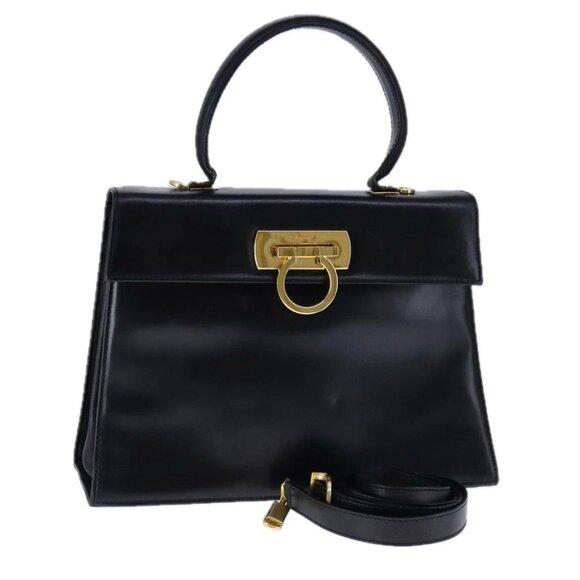 Salvatore Ferragamo Gancini Hand Bag Leather 2way Black Gold - Picture 1 of 14